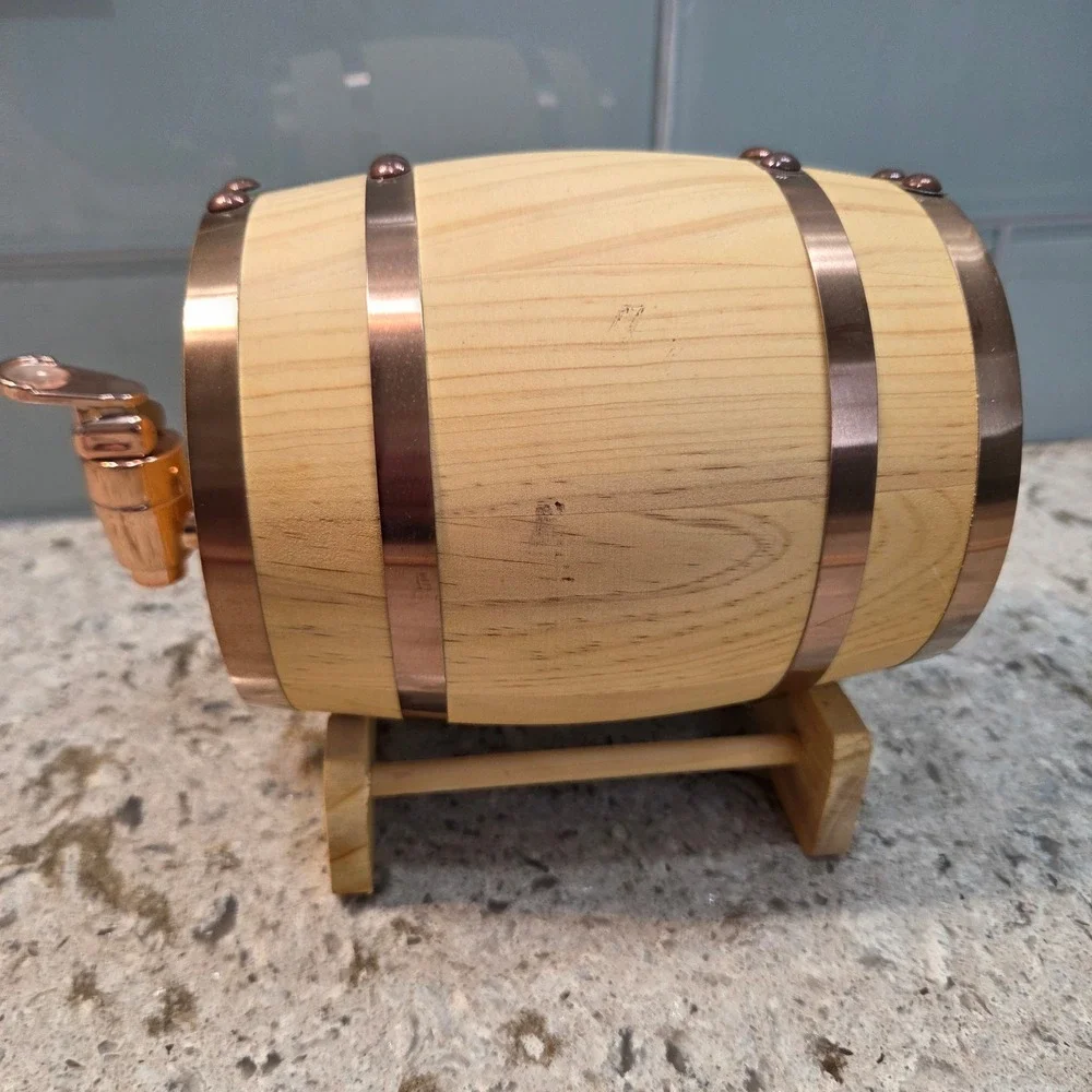Heritage Collective Wood Whiskey Barrel Dispenser Copper Accents  UNUSED